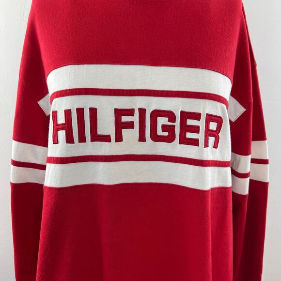 Vintage TOMMY HILFIGER Spellout Red White Cotton Long Sleeve Sweatshirt Size XL - Picture 2 of 10